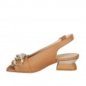 Woman's sandal with chain and fringes in cognac brown leather heel 4 - Available sizes:  32, 42, 43