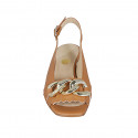 Woman's sandal with chain and fringes in cognac brown leather heel 4 - Available sizes:  32, 42, 43