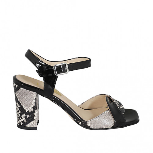 Woman's strap sandal in black patent leather and black and white printed leather heel 8 - Available sizes:  42