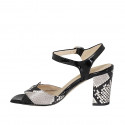 Woman's strap sandal in black patent leather and black and white printed leather heel 8 - Available sizes:  42