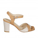 Woman's sandal with strap in cognac brown and beige leather heel 8 - Available sizes:  42, 43, 45