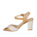 Woman's sandal with strap in cognac brown and beige leather heel 8 - Available sizes:  42, 43, 45