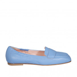 Mocassin à bout carré avec elastiques pour femmes en cuir bleu clair talon 1 - Pointures disponibles:  32, 33, 42