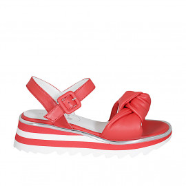 Woman's sandal with strap and knot in red leather wedge heel 4 - Available sizes:  42, 44, 45