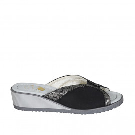 Woman's mules with elastic band in black and printed laminated silver suede wedge heel 4 - Available sizes:  43