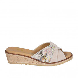 Sabot da donna in camoscio beige e stampato multicolor zeppa 4 - Misure disponibili: 42