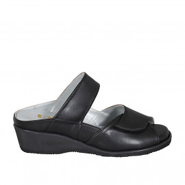 Woman's mules in black leather with velcro and removable insole wedge heel 4 - Available sizes:  42