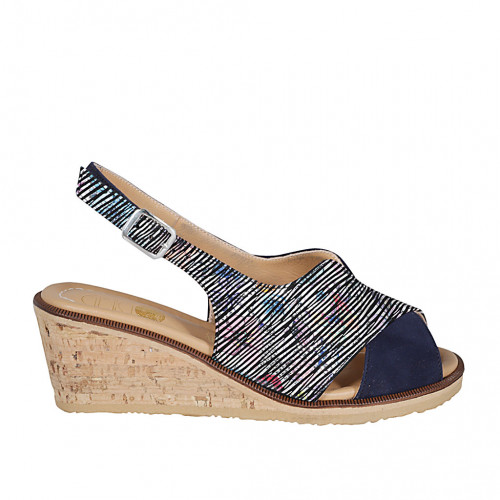 Sandalia para mujer en gamuza imprimida multicolor y azul cuña 6 - Tallas disponibles:  42, 44