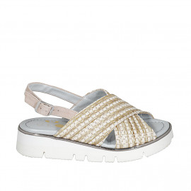 Woman's sandal in beige raffia and suede wedge heel 3 - Available sizes:  42, 43, 44