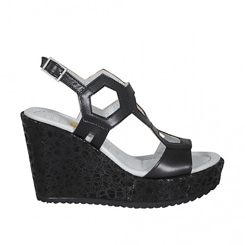 Sandale pour femmes avec plateforme en cuir noir et tissu lamé talon compensé 9 - Pointures disponibles:  32, 43, 45