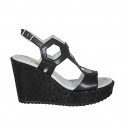 Woman's platform sandal in black leather and laminated fabric wedge heel 9 - Available sizes:  32, 43, 45