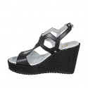 Woman's platform sandal in black leather and laminated fabric wedge heel 9 - Available sizes:  32, 43, 45