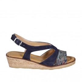 Woman's sandal in blue and multicolored printed suede wedge heel 4 - Available sizes:  42, 43