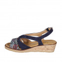 Woman's sandal in blue and multicolored printed suede wedge heel 4 - Available sizes:  42, 43