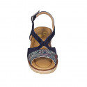 Woman's sandal in blue and multicolored printed suede wedge heel 4 - Available sizes:  42, 43