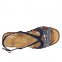 Woman's sandal in blue and multicolored printed suede wedge heel 4 - Available sizes:  42, 43