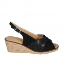 Woman's strap sandal in black suede and laminated suede wedge heel 6 - Available sizes:  32, 43, 44