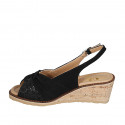 Woman's strap sandal in black suede and laminated suede wedge heel 6 - Available sizes:  32, 43, 44