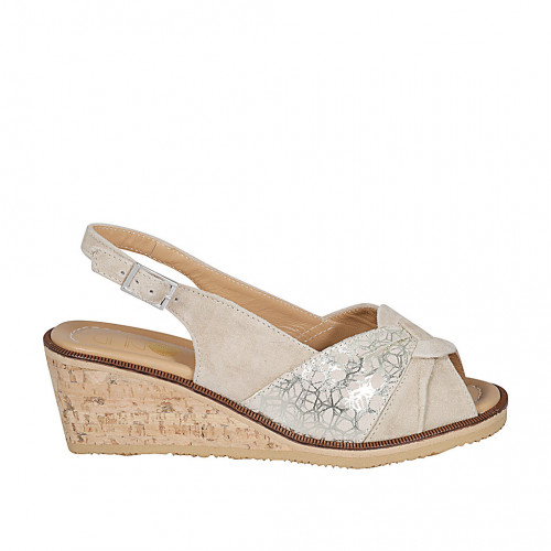 Woman's strap sandal in beige and platinum laminated suede wedge heel 6 - Available sizes:  42