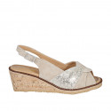 Woman's strap sandal in beige and platinum laminated suede wedge heel 6 - Available sizes:  42