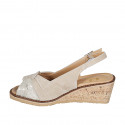 Woman's strap sandal in beige and platinum laminated suede wedge heel 6 - Available sizes:  42