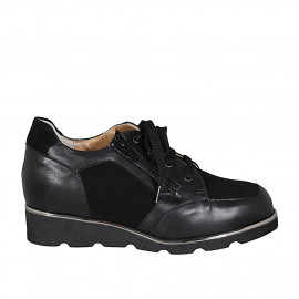 Chaussure à lacets avec fermeture éclair pour femmes en cuir et daim noir talon compensé 3 - Pointures disponibles:  44