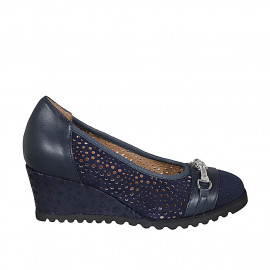 Woman's pump in blue pierced suede and leather with accessory and removable insole wedge heel 6 - Available sizes:  45