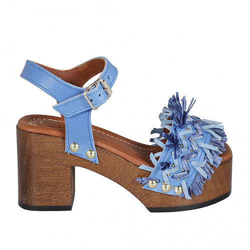 Woman's strap sandal with platform, fringes and studs in light blue leather and raffia heel 8 - Available sizes:  42, 43