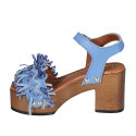 Woman's strap sandal with platform, fringes and studs in light blue leather and raffia heel 8 - Available sizes:  42, 43