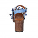 Woman's strap sandal with platform, fringes and studs in light blue leather and raffia heel 8 - Available sizes:  42, 43