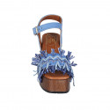 Woman's strap sandal with platform, fringes and studs in light blue leather and raffia heel 8 - Available sizes:  42, 43