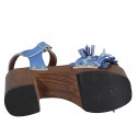 Woman's strap sandal with platform, fringes and studs in light blue leather and raffia heel 8 - Available sizes:  42, 43