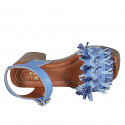 Woman's strap sandal with platform, fringes and studs in light blue leather and raffia heel 8 - Available sizes:  42, 43