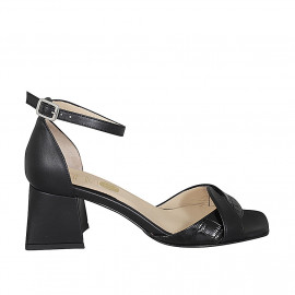 Woman's open shoe with strap in black leather and printed leather heel 6 - Available sizes:  43, 44, 45, 46