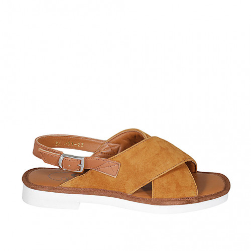 Sandale pour femmes en cuir et daim cognac talon 2 - Pointures disponibles:  33, 42, 43, 44