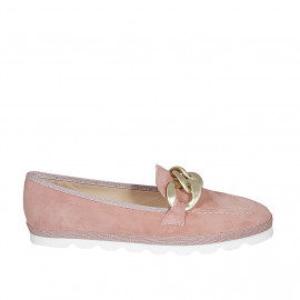 Woman's loafer in rose suede with chain wedge heel 1 - Available sizes:  42, 44