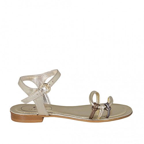 Woman's strap sandal in platinum, copper and steel grey laminated leather heel 2 - Available sizes:  43, 44