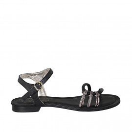 Woman's strap sandal in black leather and steel grey laminated leather heel 2 - Available sizes:  33, 42, 43, 44, 45