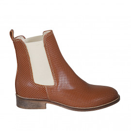 Woman's ankle boot in cognac brown pierced leather with elastic bands heel 3 - Available sizes:  42, 45, 46