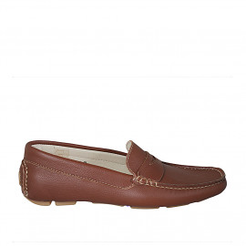 Men's car shoe with removable insole in cognac brown leather - Available sizes:  38, 50, 51, 53, 54