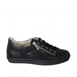 Men's laced casual shoe with zipper and removable insole in black leather - Available sizes:  38, 46, 47, 50, 52