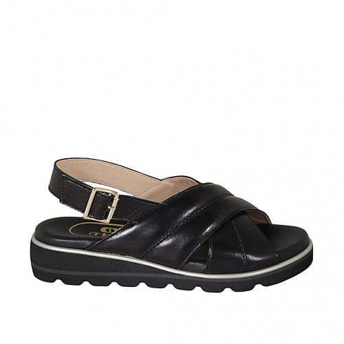 Woman's sandal in black leather with crossed bands wedge heel 3 - Available sizes:  33, 42, 43, 44