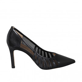 Woman's pointy pump in black leather and fabric heel 8 - Available sizes:  31, 43, 46