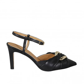 Woman's slingback pump in black leather with accessory and strap heel 8 - Available sizes:  32, 33, 34, 43, 44, 45, 46