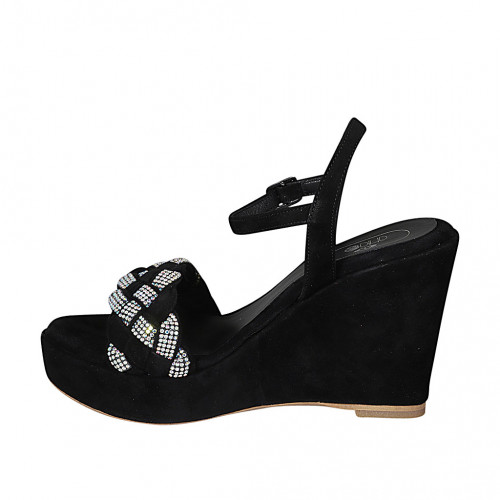 Woman s sandal in black suede with strap rhinestones platform