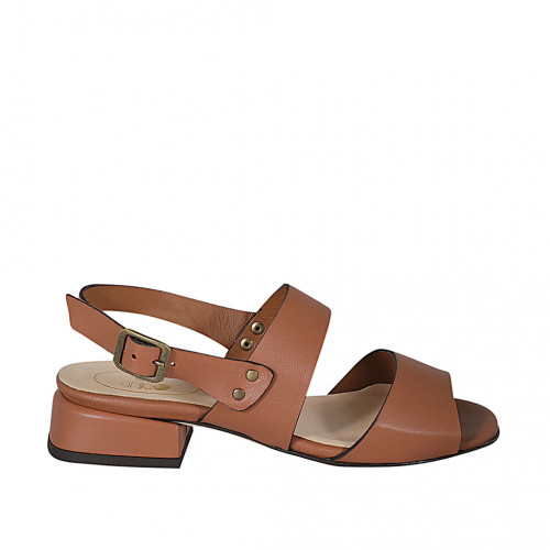 Woman s sandal in tan brown leather with heel 3