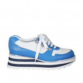 Woman's laced shoe with zippers in white and blue leather wedge heel 5 - Available sizes:  44