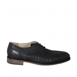 Man's laced derby shoe in black leather and braided leather - Available sizes:  36, 46, 47, 48