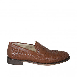 Men's loafer in cognac brown leather and braided leather - Available sizes:  46, 47, 49, 50