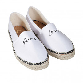 Espadrillas originali prodotte in Spagna in tessuto bianco con scritte "Peace" e "Love" nere zeppa 1 - Misure disponibili: 42, 43